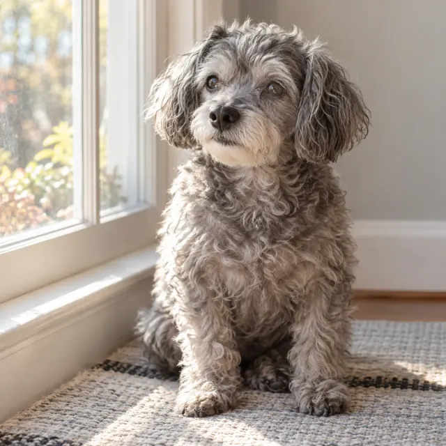Small gray dog beside a sunlit window