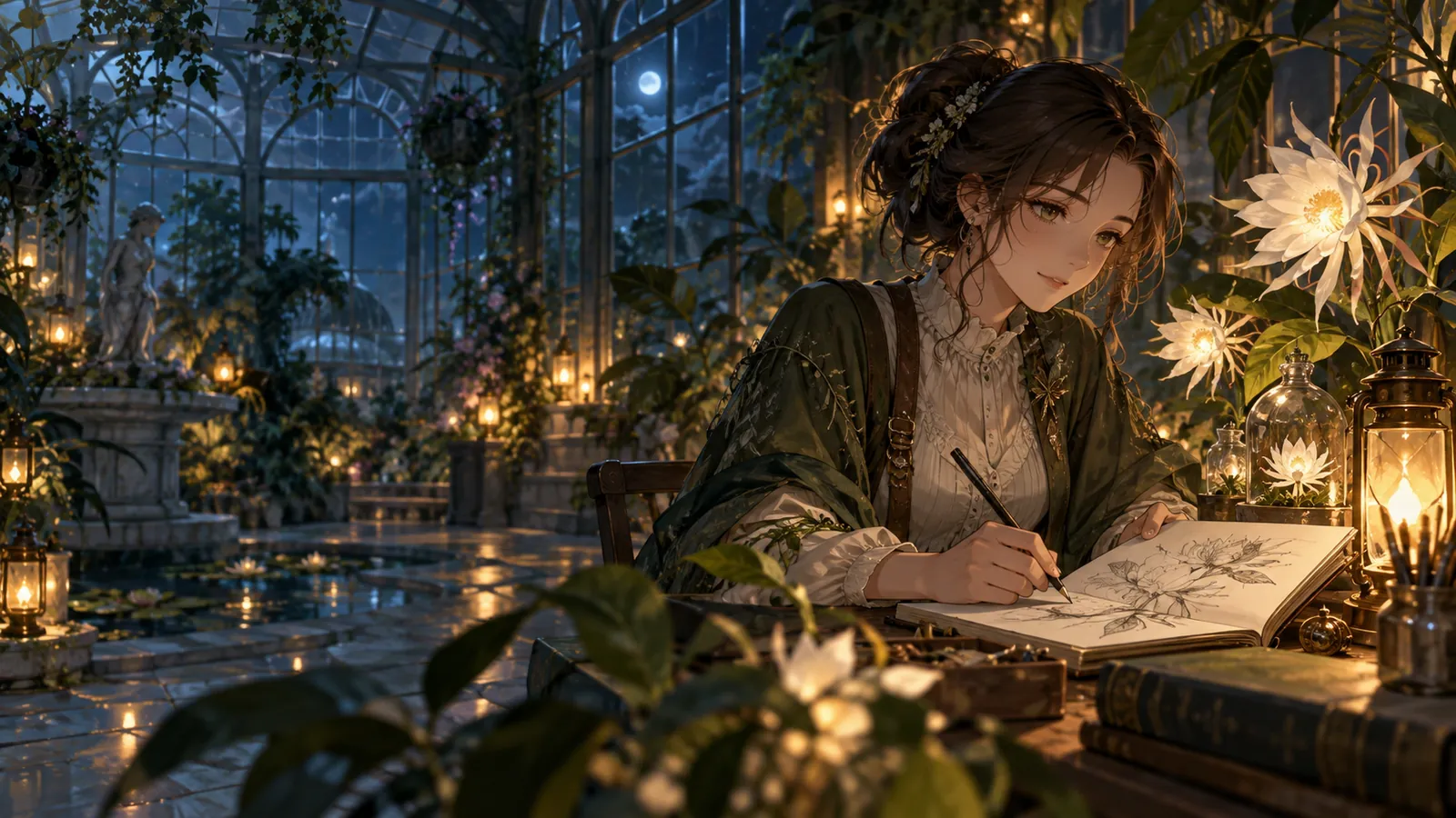 Adult anime botanist sketching luminous flowers
