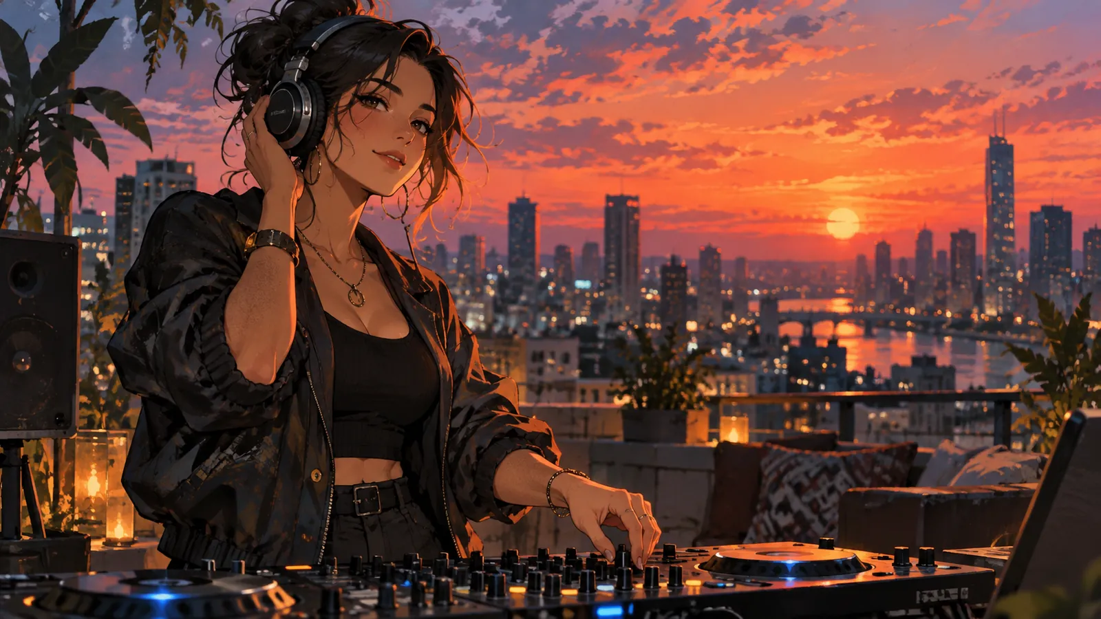 Adult anime DJ performing on a rooftop at sunset