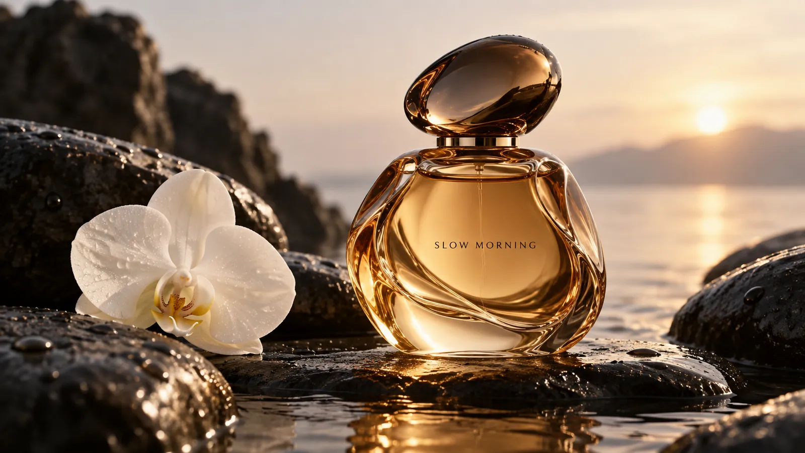 Amber perfume bottle labeled Slow Morning beside a white orchid