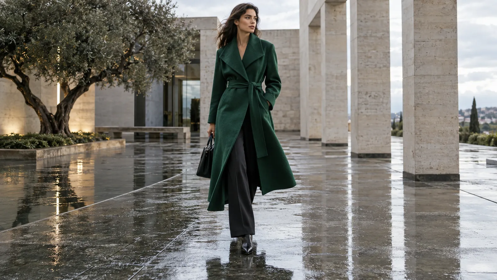 Adult model in an emerald coat in a modernist courtyard