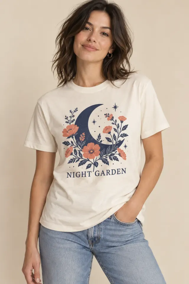 Adult model wearing an ivory Night Garden T-shirt