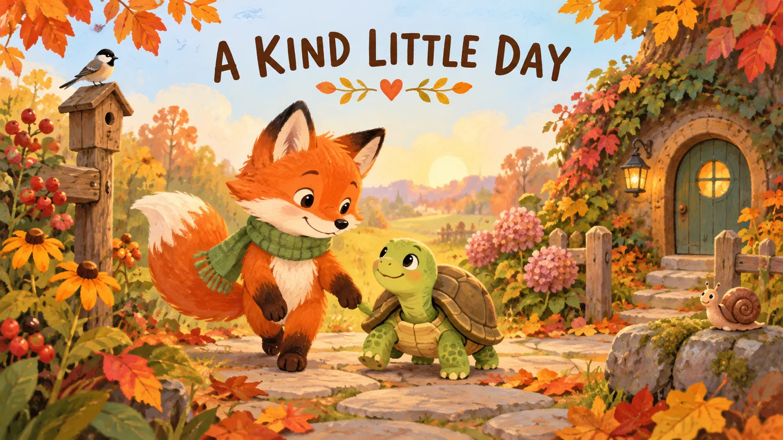 Fox and turtle in an illustrated autumn garden