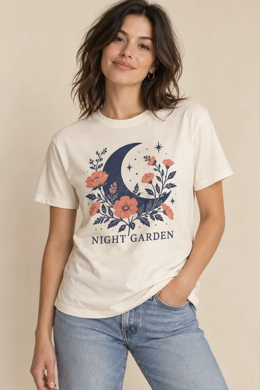 Adult model wearing a Night Garden T-shirt concept